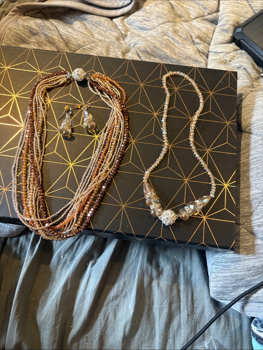 Multi-Strand Brown and Gold Beaded Necklace Set with Crystal Earrings